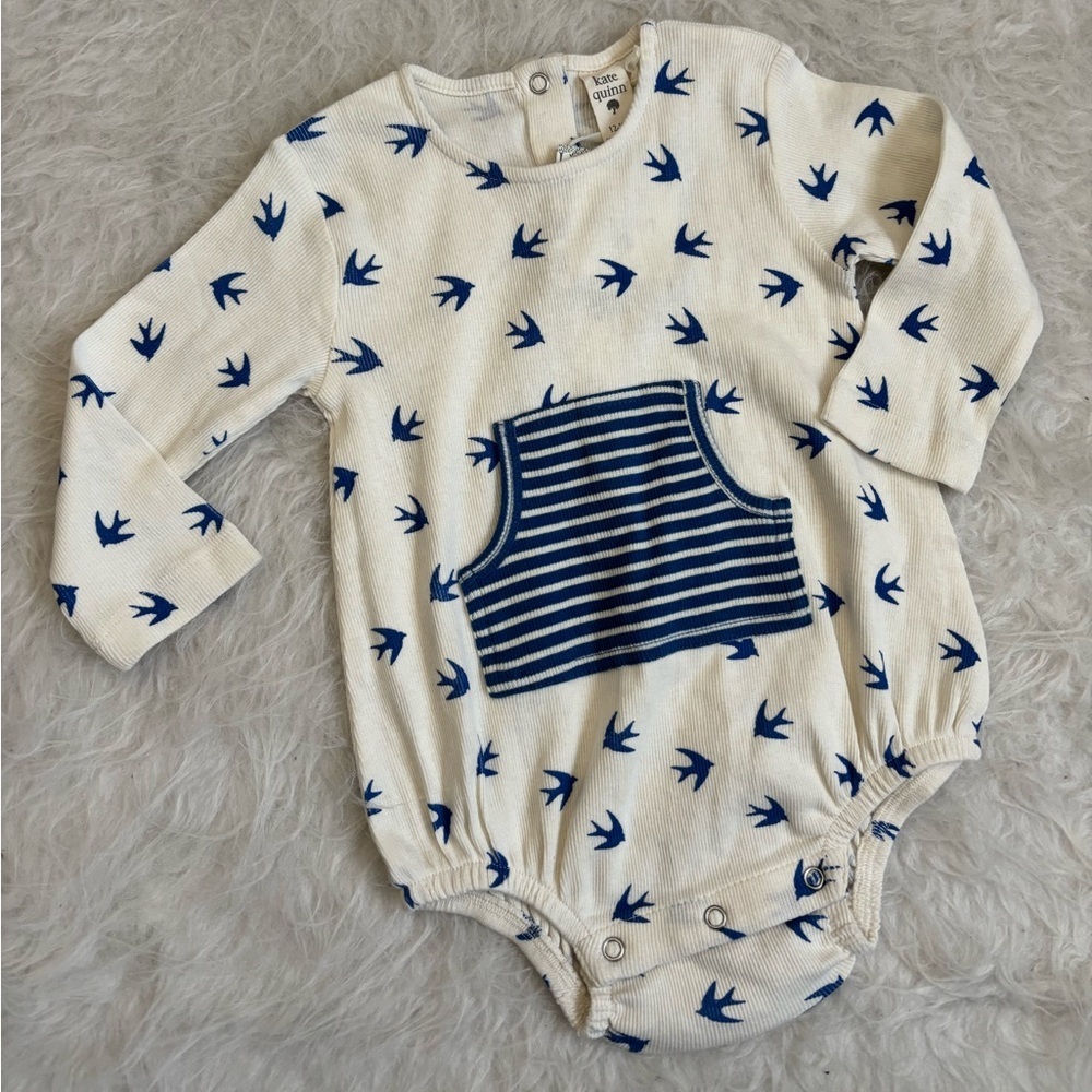 kate quinn NWT Organic Cotton Cream and Blue Bird Print Bubble Romper